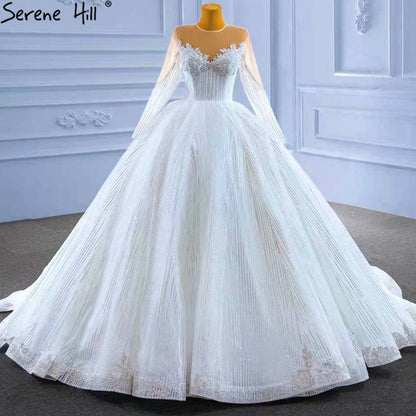 Serene Hill Muslim White Luxury Wedding Dresses 2025 Beaded Lace Up High-end Bride Gowns HM67388 Custom Made - SERENE HILL