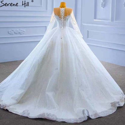 Serene Hill Muslim White Luxury Wedding Dresses 2025 Beaded Lace Up High-end Bride Gowns HM67388 Custom Made - SERENE HILL