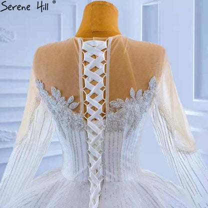 Serene Hill Muslim White Luxury Wedding Dresses 2025 Beaded Lace Up High-end Bride Gowns HM67388 Custom Made - SERENE HILL