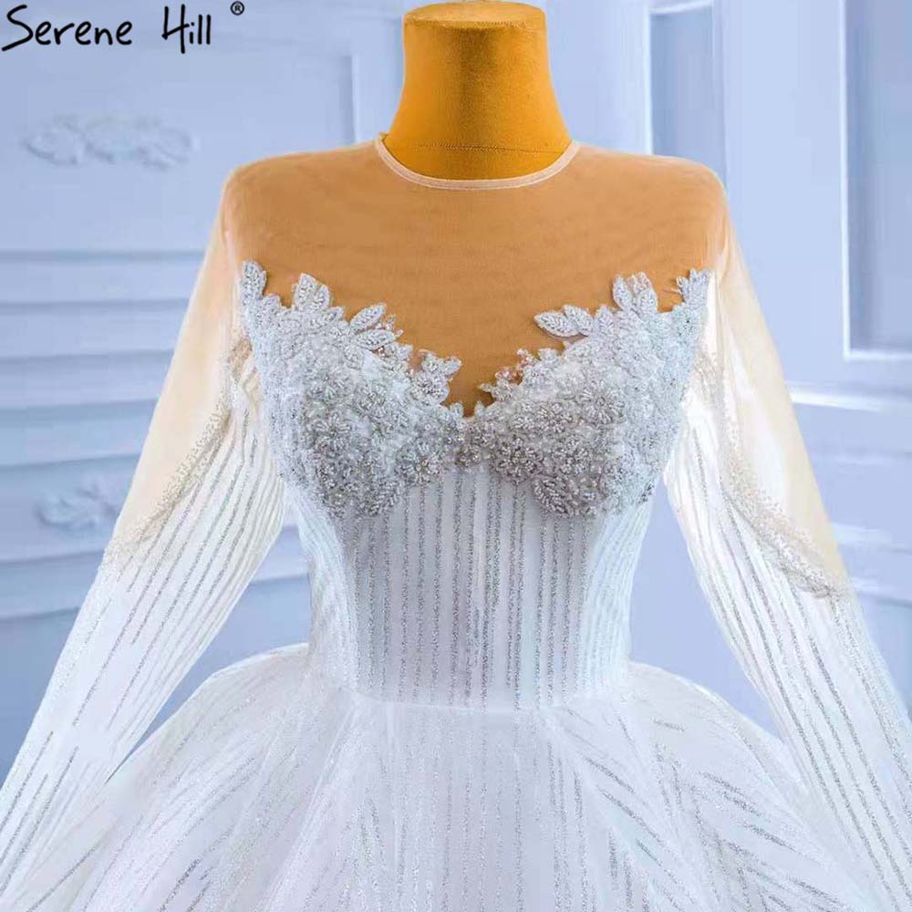 Serene Hill Muslim White Luxury Wedding Dresses 2025 Beaded Lace Up High-end Bride Gowns HM67388 Custom Made - SERENE HILL
