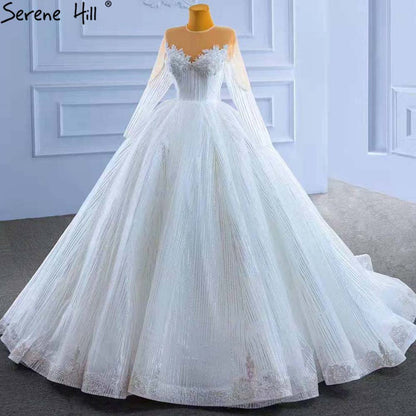 Serene Hill Muslim White Luxury Wedding Dresses 2025 Beaded Lace Up High-end Bride Gowns HM67388 Custom Made - SERENE HILL