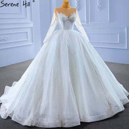 Serene Hill Muslim White Luxury Wedding Dresses 2025 Beaded Lace Up High-end Bride Gowns HM67388 Custom Made - SERENE HILL