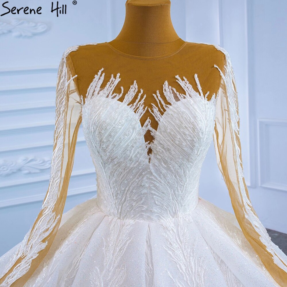 Serene Hill Muslim White Luxury Wedding Dresses 2025 Glitter Long Sleeves High-end Lace Up Bridal Dress HM67235 - SERENE HILL