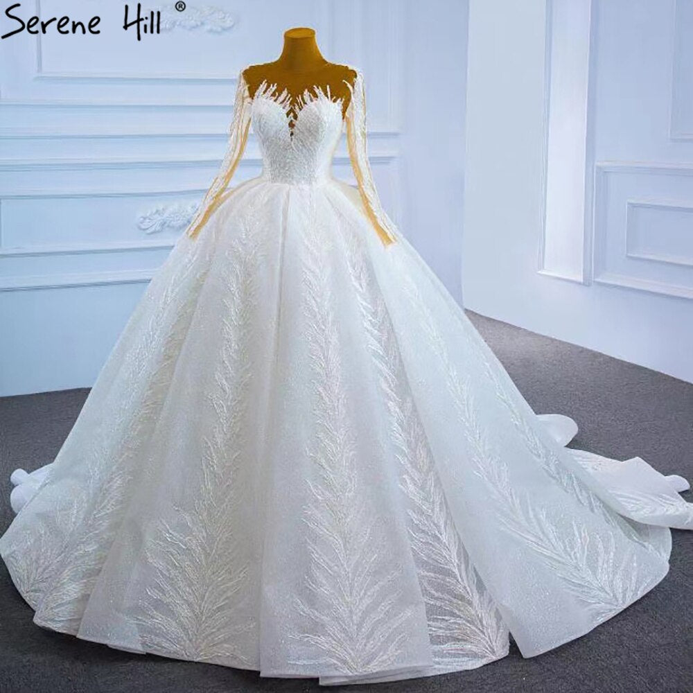 Serene Hill Muslim White Luxury Wedding Dresses 2025 Glitter Long Sleeves High-end Lace Up Bridal Dress HM67235 - SERENE HILL