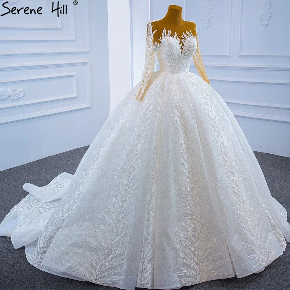 Serene Hill Muslim White Luxury Wedding Dresses 2025 Glitter Long Sleeves High-end Lace Up Bridal Dress HM67235 - SERENE HILL