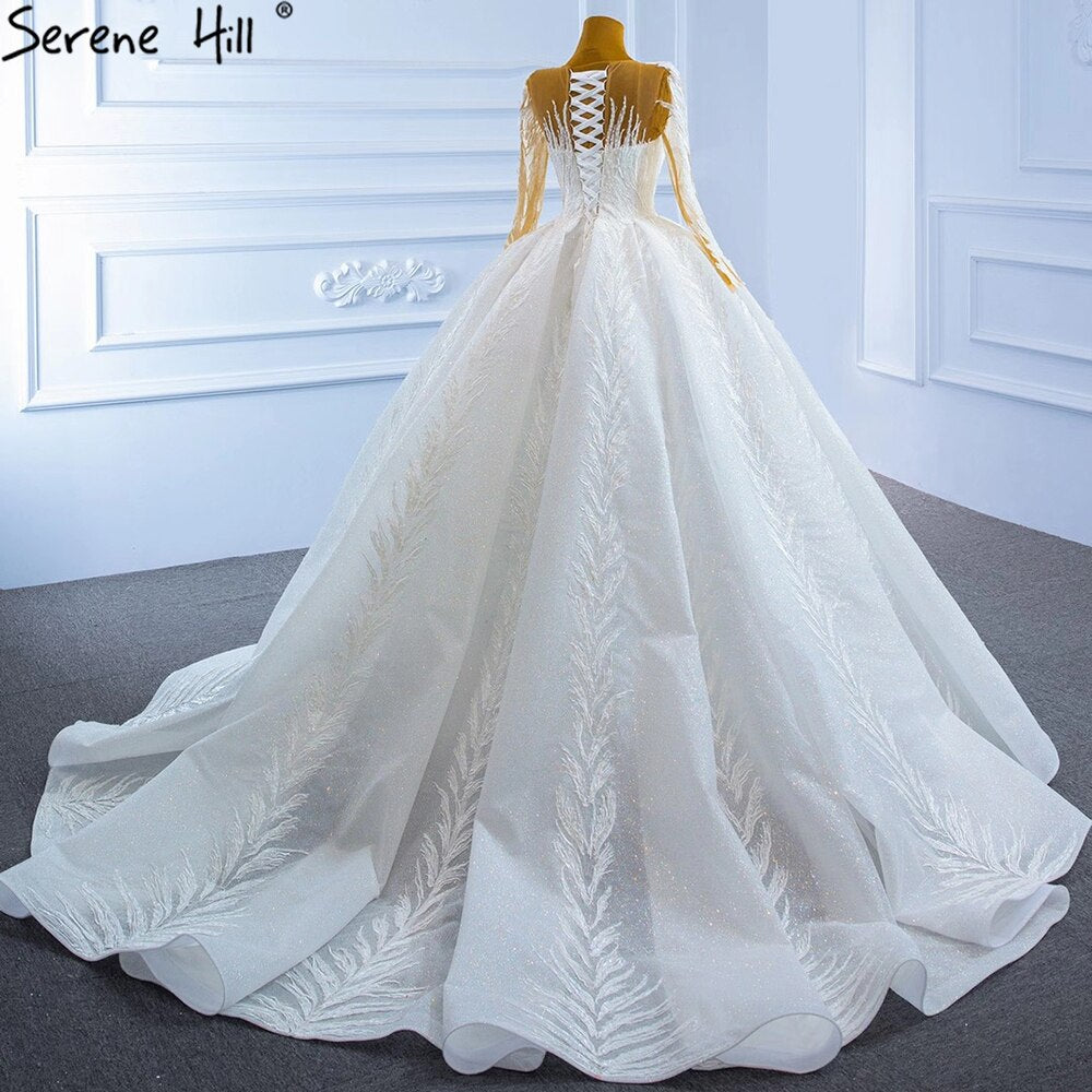 Serene Hill Muslim White Luxury Wedding Dresses 2025 Glitter Long Sleeves High-end Lace Up Bridal Dress HM67235 - SERENE HILL