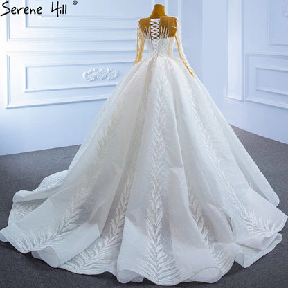 Serene Hill Muslim White Luxury Wedding Dresses 2025 Glitter Long Sleeves High-end Lace Up Bridal Dress HM67235 - SERENE HILL