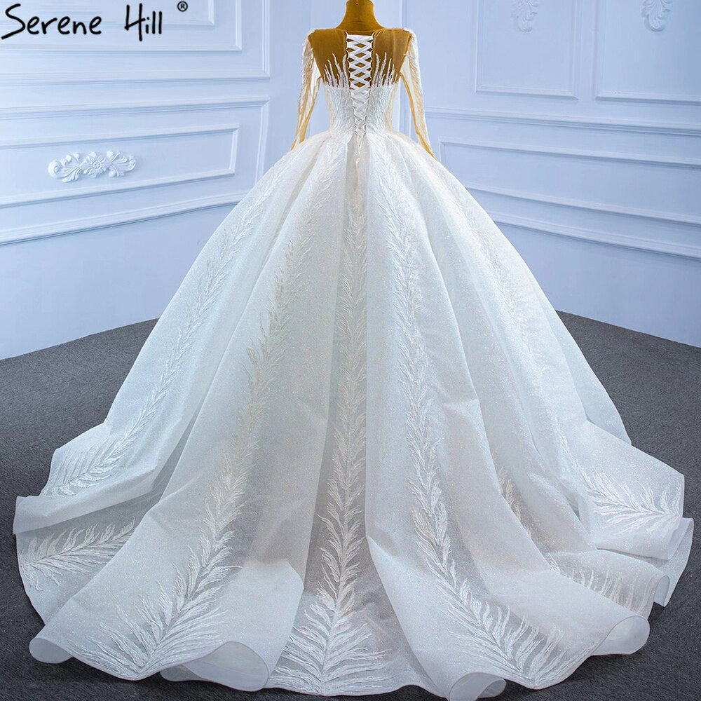 Serene Hill Muslim White Luxury Wedding Dresses 2025 Glitter Long Sleeves High-end Lace Up Bridal Dress HM67235 - SERENE HILL