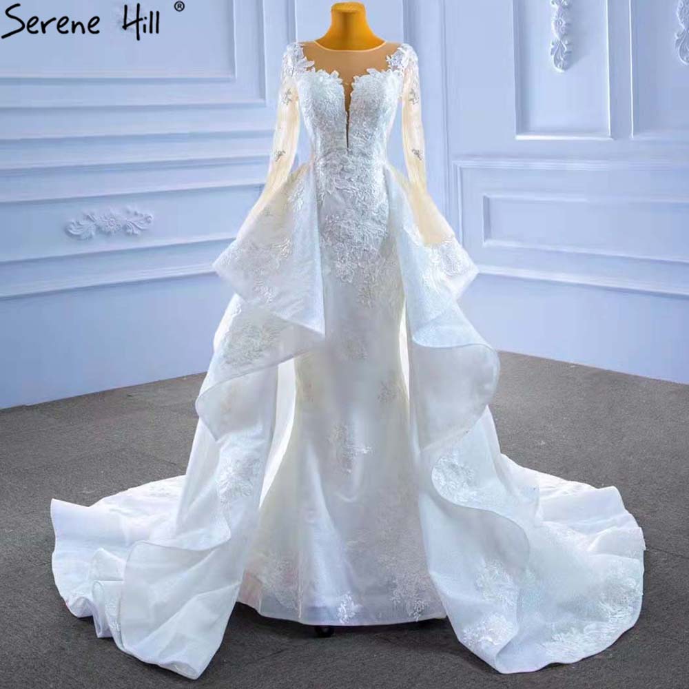 Serene Hill Muslim White OverSkirt Wedding Dresses Gowns 2025 Mermaid Elegant Lace High-end Bridal Dress HM67416 - SERENE HILL