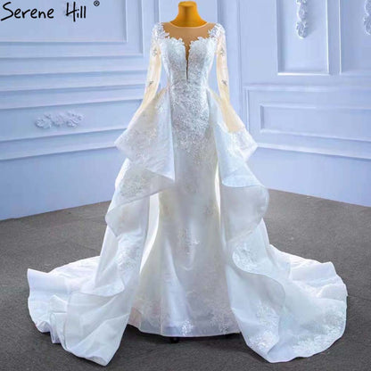 Serene Hill Muslim White OverSkirt Wedding Dresses Gowns 2025 Mermaid Elegant Lace High-end Bridal Dress HM67416 - SERENE HILL