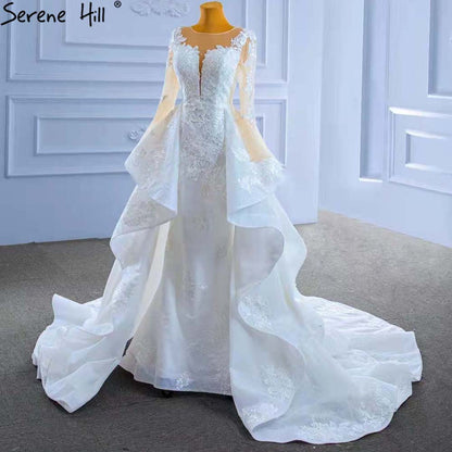 Serene Hill Muslim White OverSkirt Wedding Dresses Gowns 2025 Mermaid Elegant Lace High-end Bridal Dress HM67416 - SERENE HILL
