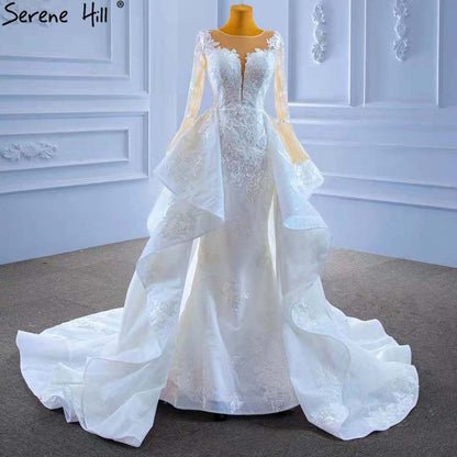 Serene Hill Muslim White OverSkirt Wedding Dresses Gowns 2025 Mermaid Elegant Lace High-end Bridal Dress HM67416 - SERENE HILL