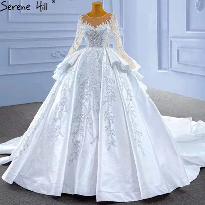 Serene Hill Muslim White Ruffles Beaded Wedding Dresses 2025 Satin Luxury Lace Up Bride Gowns HM67329 Custom Made - SERENE HILL