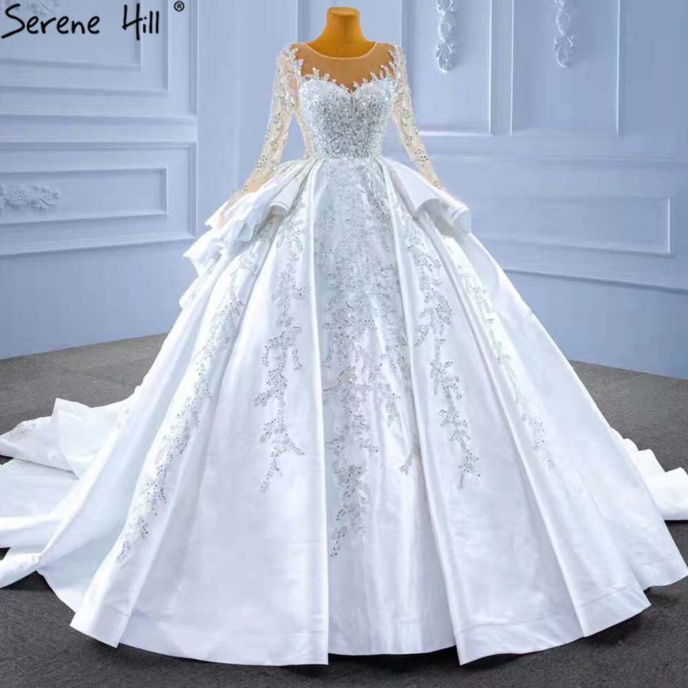Serene Hill Muslim White Ruffles Beaded Wedding Dresses 2025 Satin Luxury Lace Up Bride Gowns HM67329 Custom Made - SERENE HILL