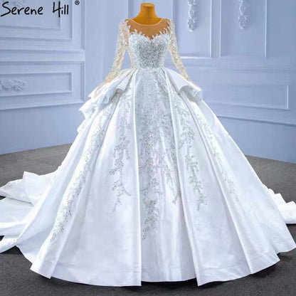 Serene Hill Muslim White Ruffles Beaded Wedding Dresses 2025 Satin Luxury Lace Up Bride Gowns HM67329 Custom Made - SERENE HILL