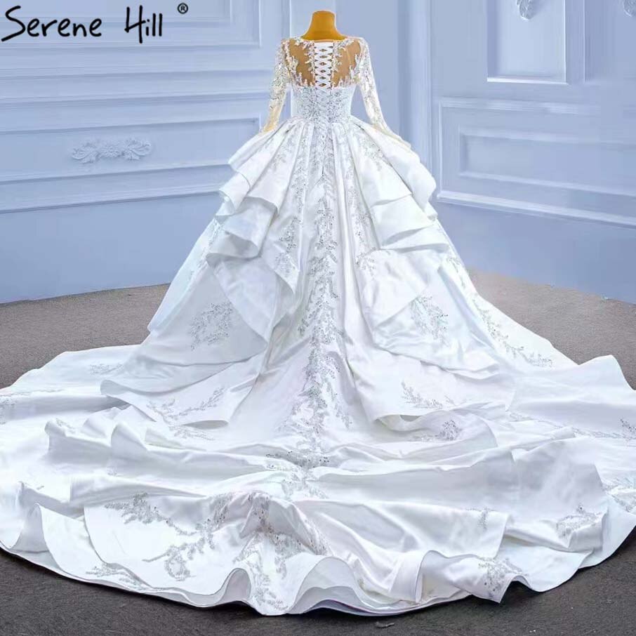 Serene Hill Muslim White Ruffles Beaded Wedding Dresses 2025 Satin Luxury Lace Up Bride Gowns HM67329 Custom Made - SERENE HILL