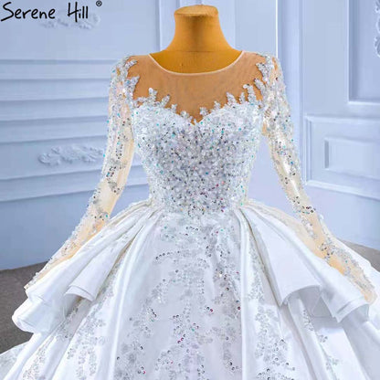 Serene Hill Muslim White Ruffles Beaded Wedding Dresses 2025 Satin Luxury Lace Up Bride Gowns HM67329 Custom Made - SERENE HILL