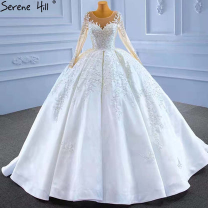 Serene Hill Muslim White Satin Wedding Dresses 2025 Beaded High-end Lace Up Bride Gowns HM67415 Custom Made - SERENE HILL