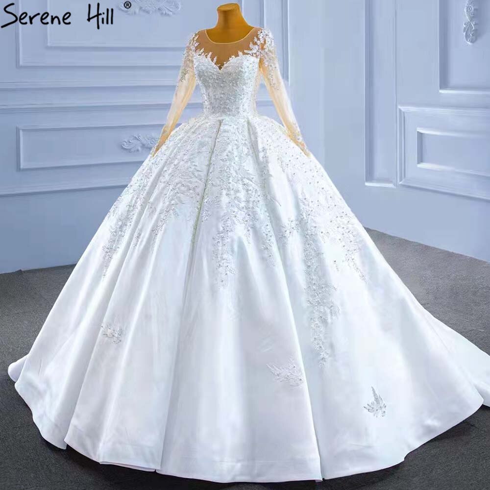 Serene Hill Muslim White Satin Wedding Dresses 2025 Beaded High-end Lace Up Bride Gowns HM67415 Custom Made - SERENE HILL