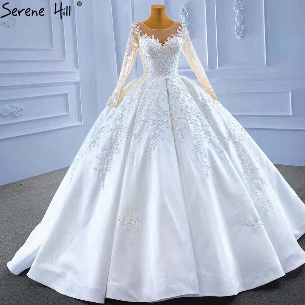 Serene Hill Muslim White Satin Wedding Dresses 2025 Beaded High-end Lace Up Bride Gowns HM67415 Custom Made - SERENE HILL