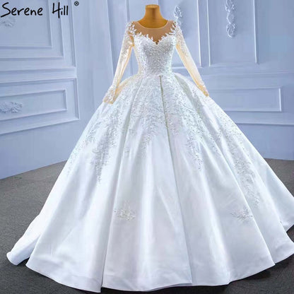 Serene Hill Muslim White Satin Wedding Dresses 2025 Beaded High-end Lace Up Bride Gowns HM67415 Custom Made - SERENE HILL