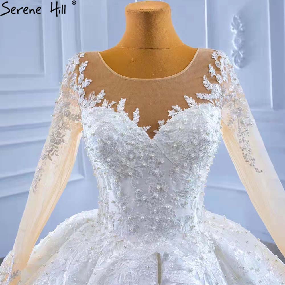 Serene Hill Muslim White Satin Wedding Dresses 2025 Beaded High-end Lace Up Bride Gowns HM67415 Custom Made - SERENE HILL