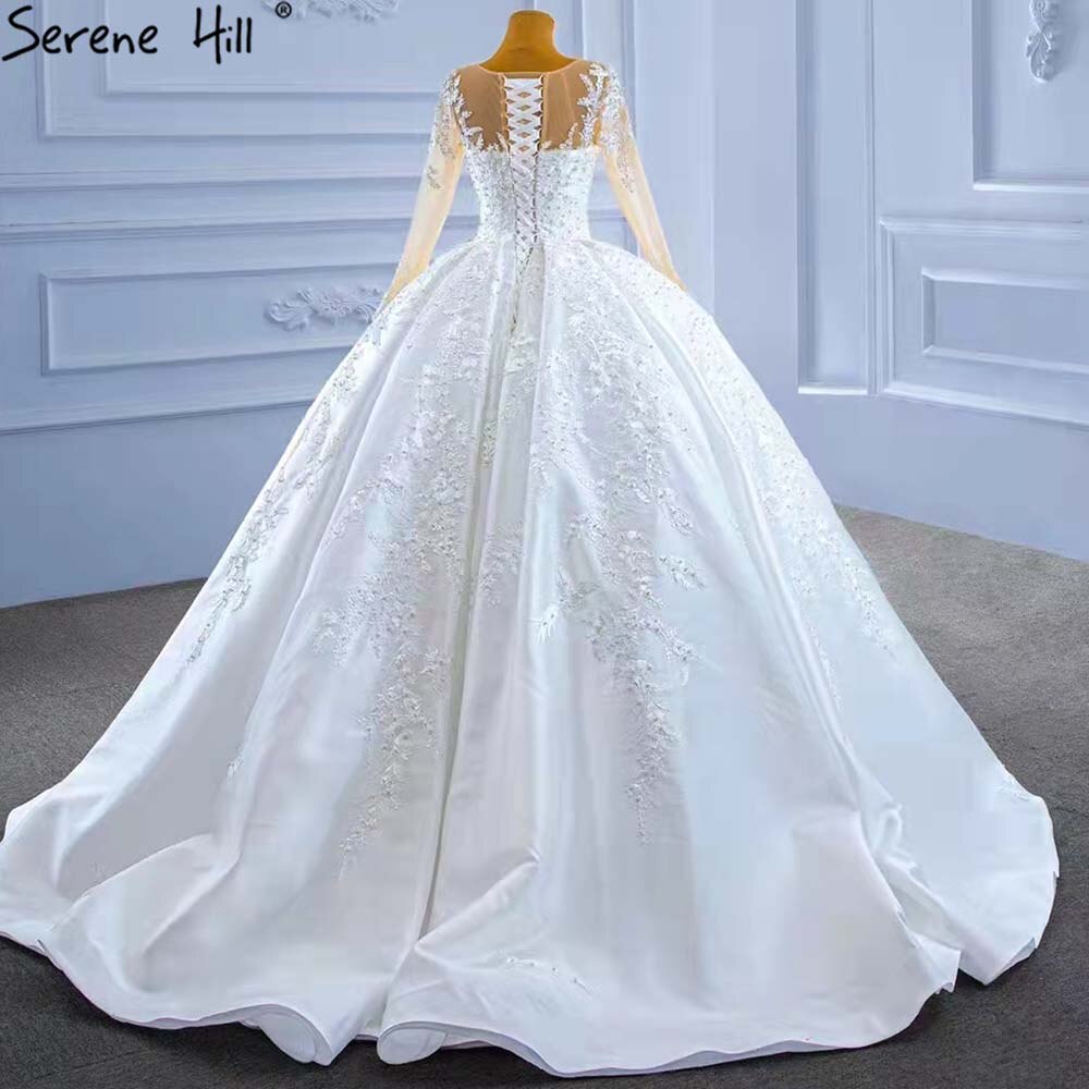 Serene Hill Muslim White Satin Wedding Dresses 2025 Beaded High-end Lace Up Bride Gowns HM67415 Custom Made - SERENE HILL