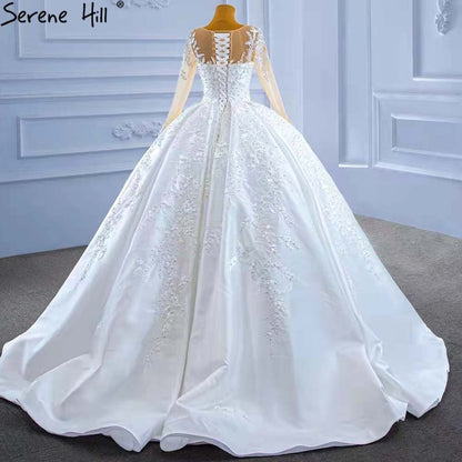 Serene Hill Muslim White Satin Wedding Dresses 2025 Beaded High-end Lace Up Bride Gowns HM67415 Custom Made - SERENE HILL