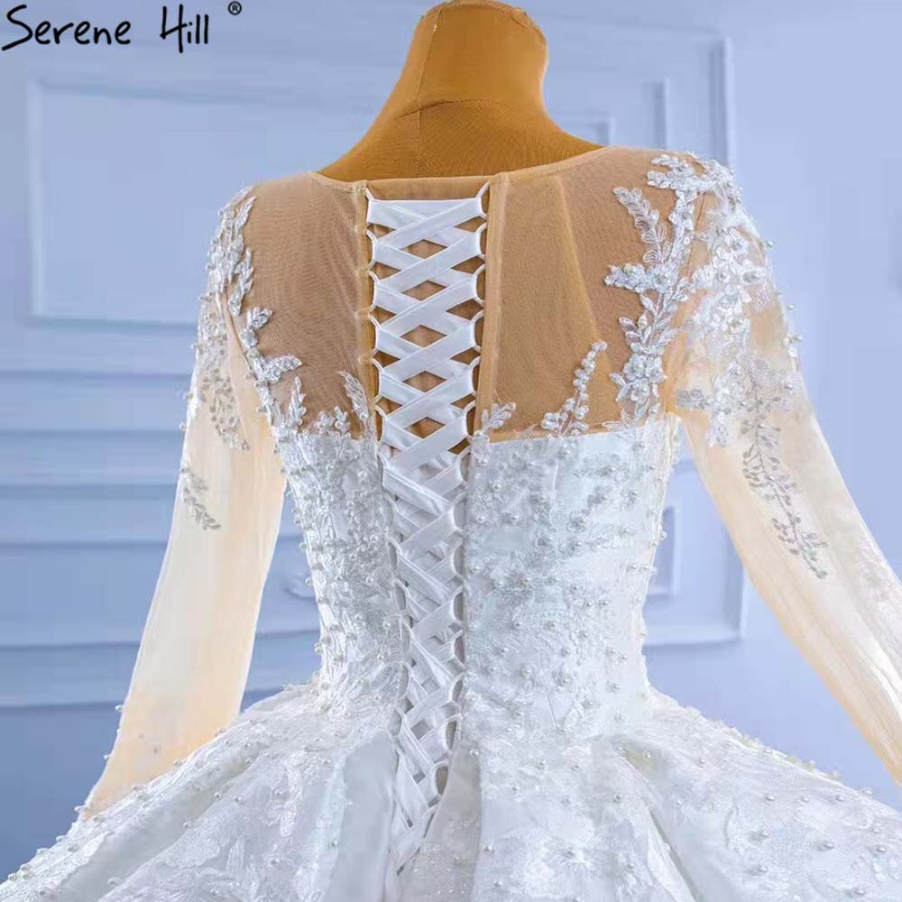 Serene Hill Muslim White Satin Wedding Dresses 2025 Beaded High-end Lace Up Bride Gowns HM67415 Custom Made - SERENE HILL