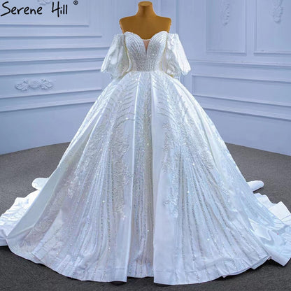 Serene Hill Muslim White Satin Wedding Dresses 2025 Beaded High-end Lace Up Bride Gowns HM67415 Custom Made - SERENE HILL