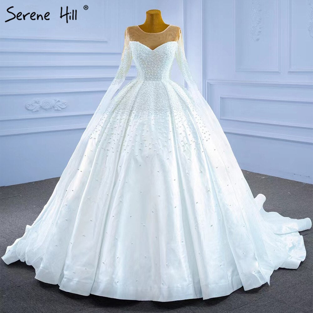 Serene Hill Muslim White Satin Wedding Dresses 2025 Beaded Pearl High-end Bride Gowns HM67279 Custom Made - SERENE HILL