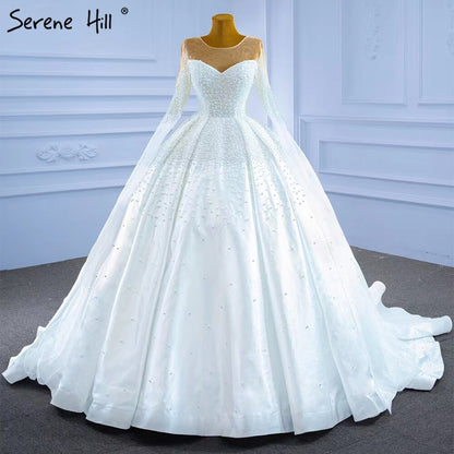 Serene Hill Muslim White Satin Wedding Dresses 2025 Beaded Pearl High-end Bride Gowns HM67279 Custom Made - SERENE HILL
