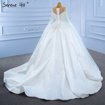 Serene Hill Muslim White Satin Wedding Dresses 2025 Beaded Pearl High-end Bride Gowns HM67279 Custom Made - SERENE HILL