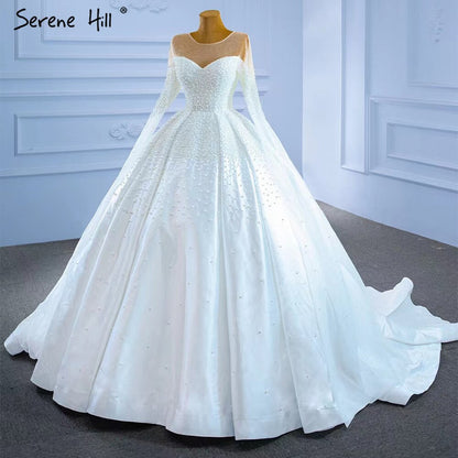 Serene Hill Muslim White Satin Wedding Dresses 2025 Beaded Pearl High-end Bride Gowns HM67279 Custom Made - SERENE HILL