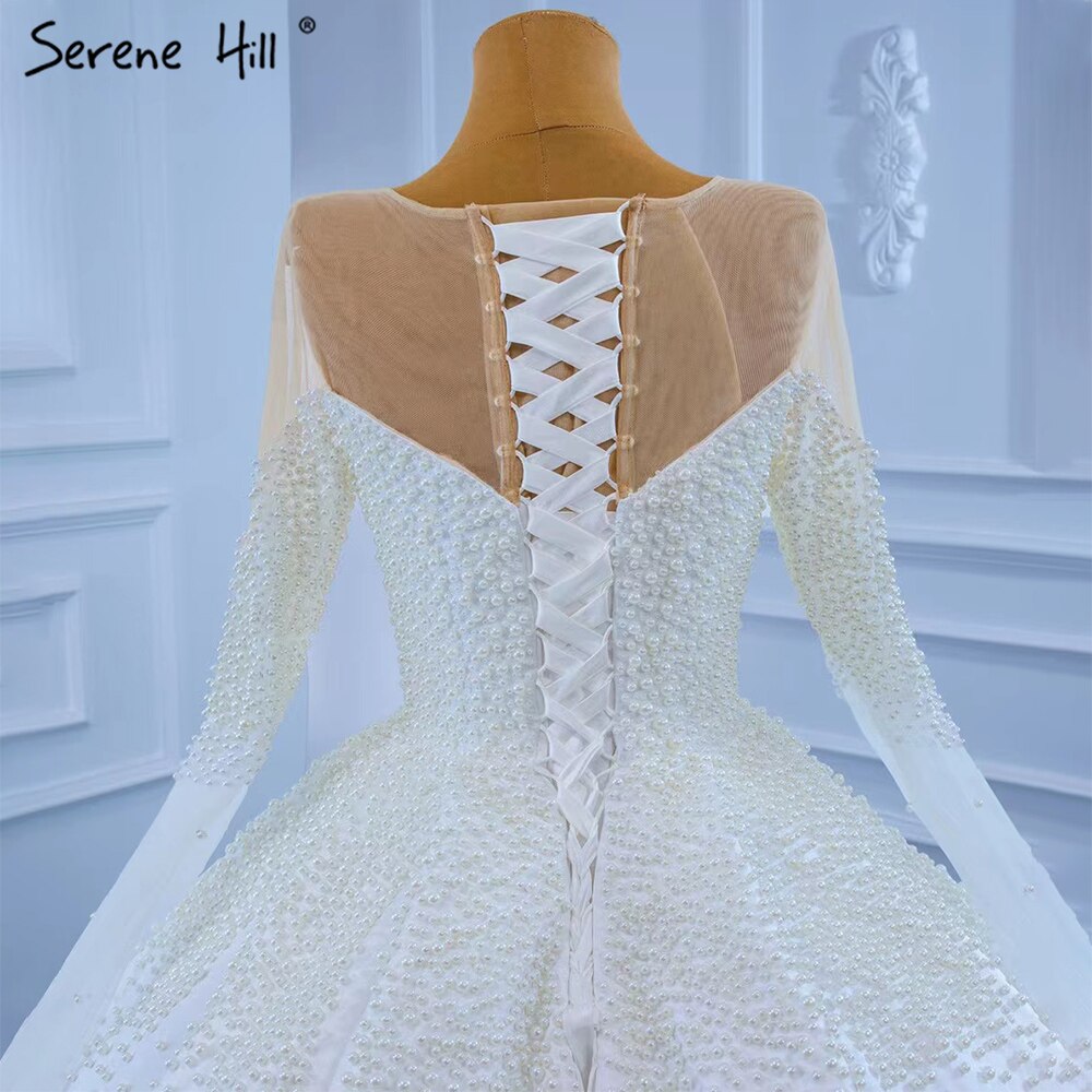 Serene Hill Muslim White Satin Wedding Dresses 2025 Beaded Pearl High-end Bride Gowns HM67279 Custom Made - SERENE HILL