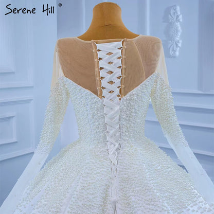 Serene Hill Muslim White Satin Wedding Dresses 2025 Beaded Pearl High-end Bride Gowns HM67279 Custom Made - SERENE HILL
