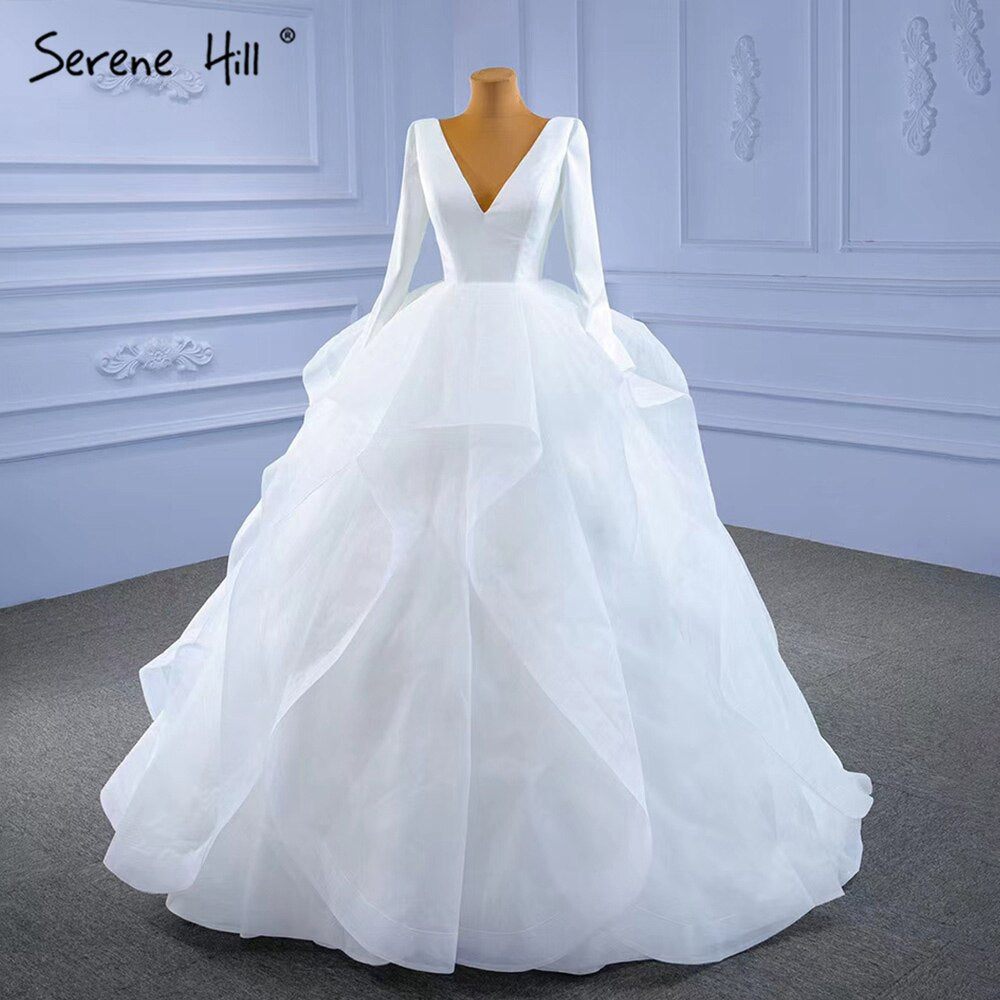 Serene Hill Muslim White Simple Wedding Dresses 2025 Ruched Lace Up High-end Bride Gowns HM67310 Custom Made - SERENE HILL