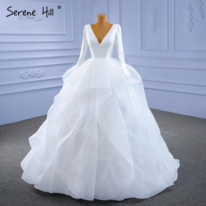 Serene Hill Muslim White Simple Wedding Dresses 2025 Ruched Lace Up High-end Bride Gowns HM67310 Custom Made - SERENE HILL