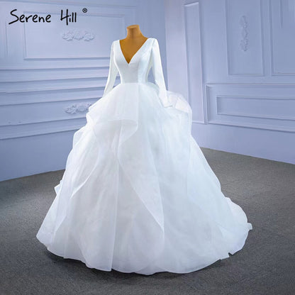 Serene Hill Muslim White Simple Wedding Dresses 2025 Ruched Lace Up High-end Bride Gowns HM67310 Custom Made - SERENE HILL