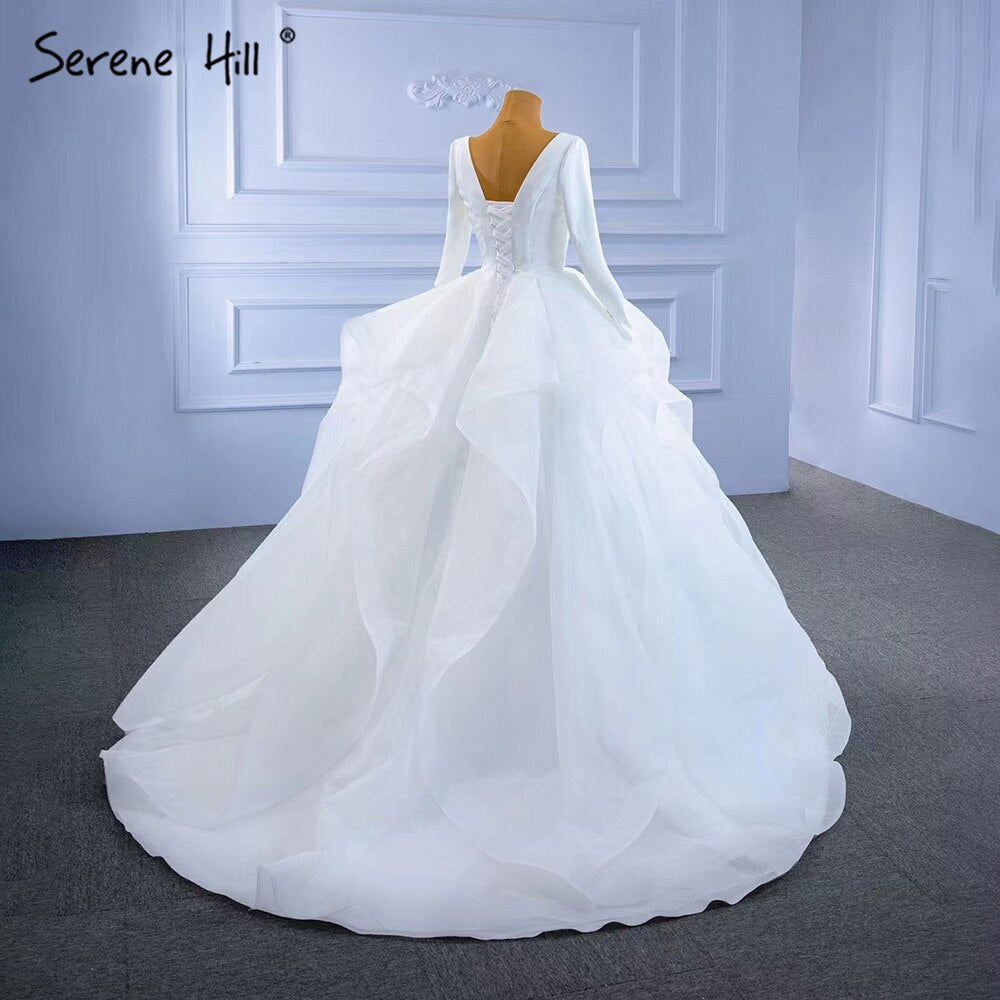 Serene Hill Muslim White Simple Wedding Dresses 2025 Ruched Lace Up High-end Bride Gowns HM67310 Custom Made - SERENE HILL