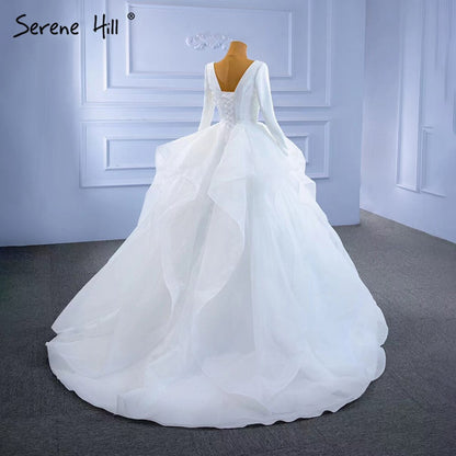 Serene Hill Muslim White Simple Wedding Dresses 2025 Ruched Lace Up High-end Bride Gowns HM67310 Custom Made - SERENE HILL