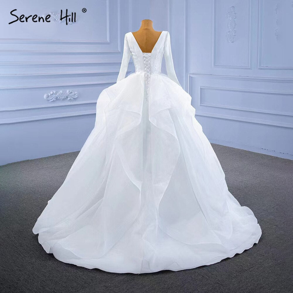 Serene Hill Muslim White Simple Wedding Dresses 2025 Ruched Lace Up High-end Bride Gowns HM67310 Custom Made - SERENE HILL