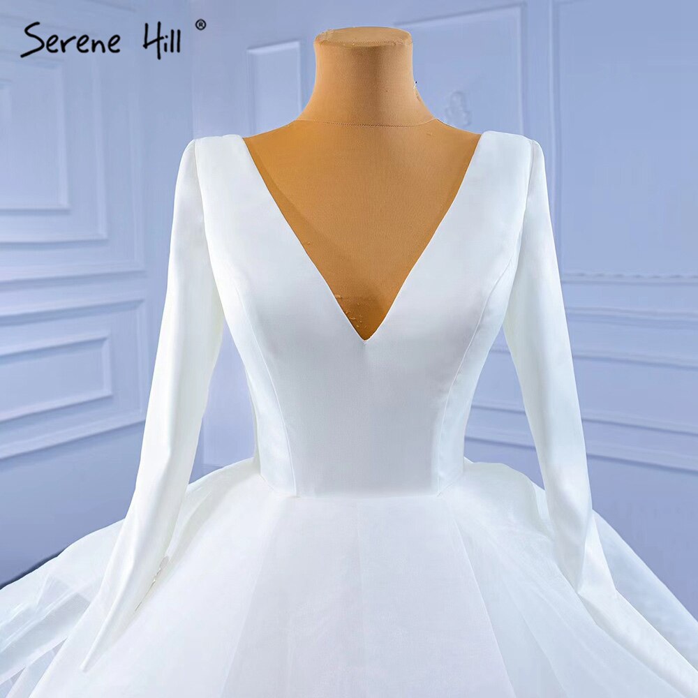 Serene Hill Muslim White Simple Wedding Dresses 2025 Ruched Lace Up High-end Bride Gowns HM67310 Custom Made - SERENE HILL