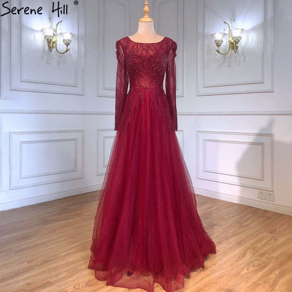 Serene Hill Muslim Wine Red A-Line Evening Dresses Gowns 2025 Luxury Beaded For Women Wedding Party LA71375
