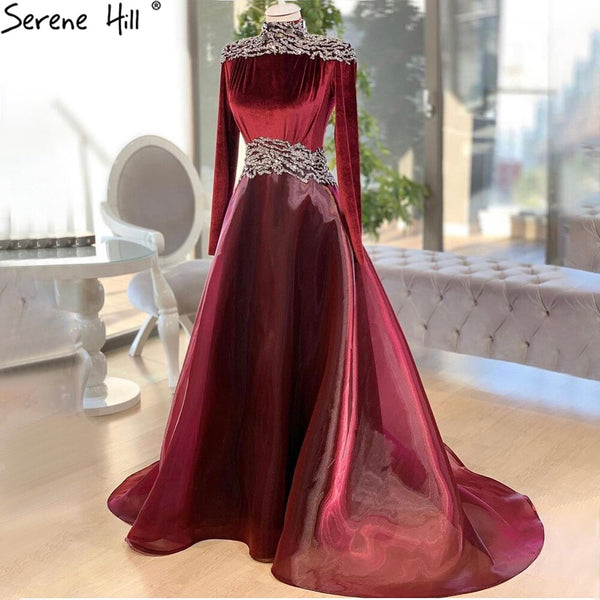 Serene Hill Muslim Wine Red Evening Dresses Gowns 2025 Velour Beaded A-Line For Women Wedding Party LA71431