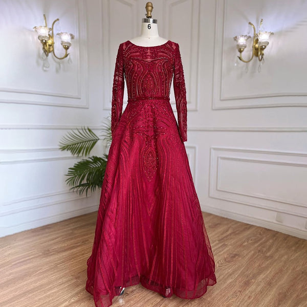Serene Hill Muslim Wine Red Luxury Evening Dresses Gowns 2025 A-Line Beaded For Women Wedding Party LA71873