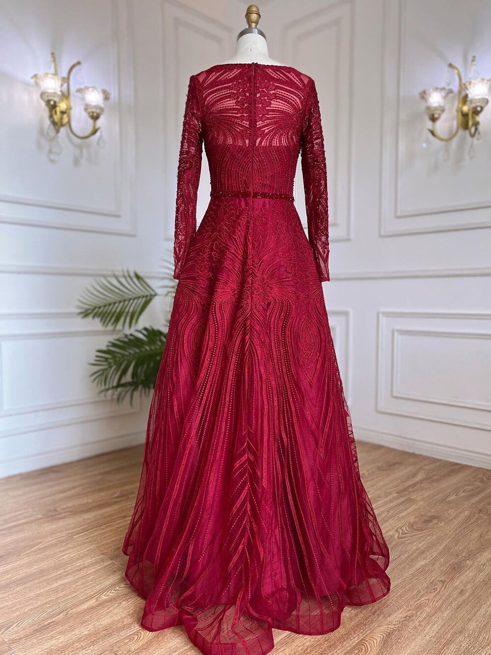 Serene Hill Muslim Wine Red Luxury Evening Dresses Gowns 2025 A-Line Beaded For Women Wedding Party LA71873 - SERENE HILL