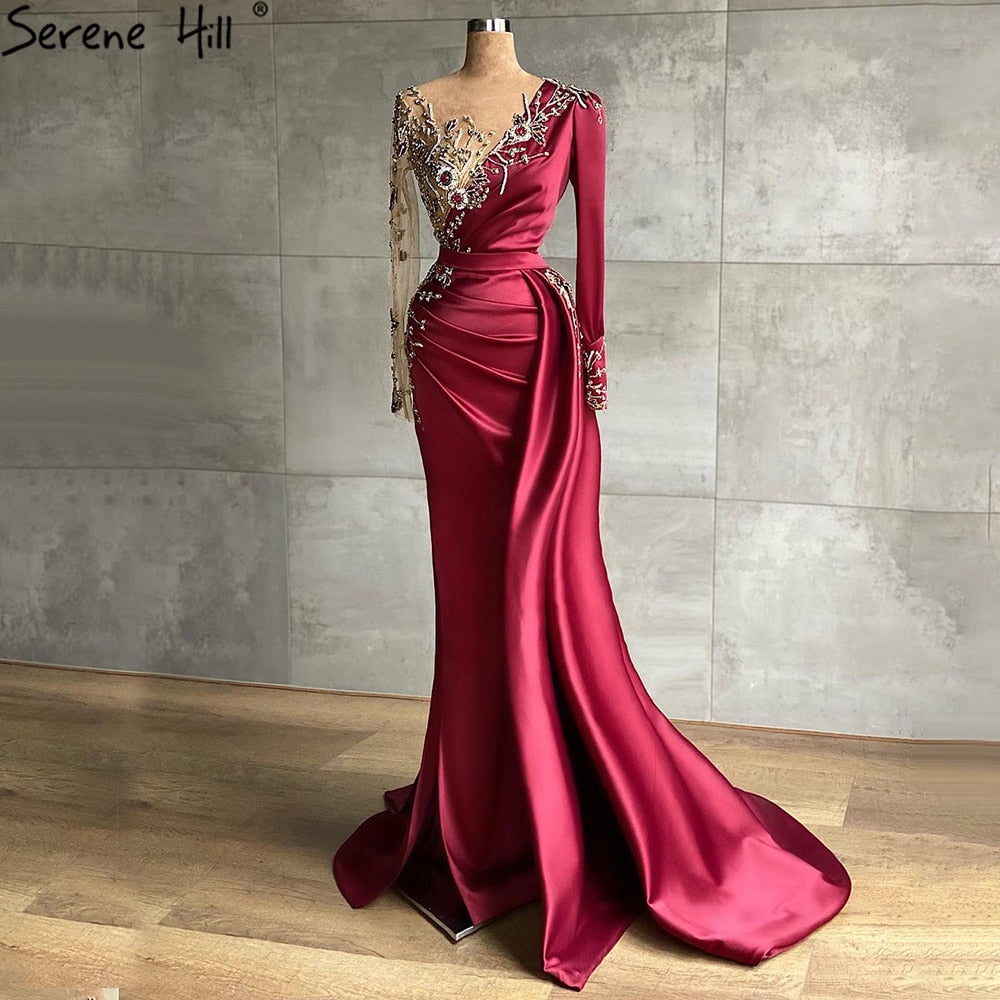 Serene Hill Muslim Wine Red Luxury Mermaid Evening Dresses Gowns 2025 Satin Elegant Beading For Women Party LA70990 - SERENE HILL