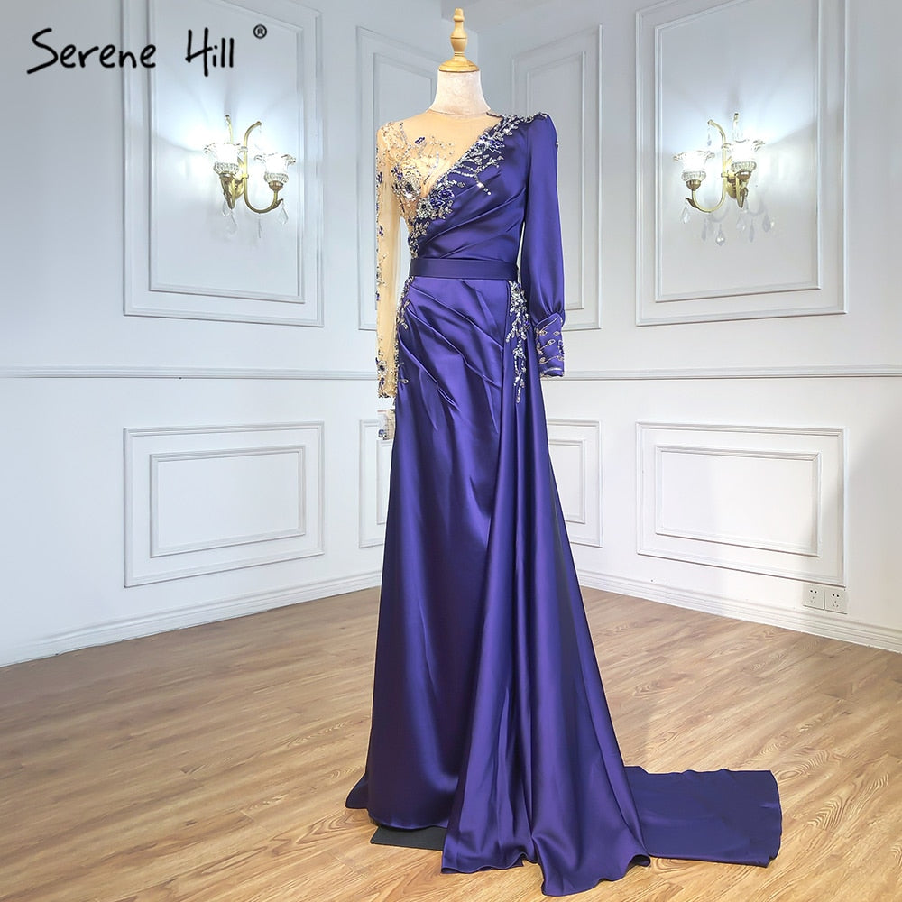 Serene Hill Muslim Wine Red Luxury Mermaid Evening Dresses Gowns 2025 Satin Elegant Beading For Women Party LA70990 - SERENE HILL