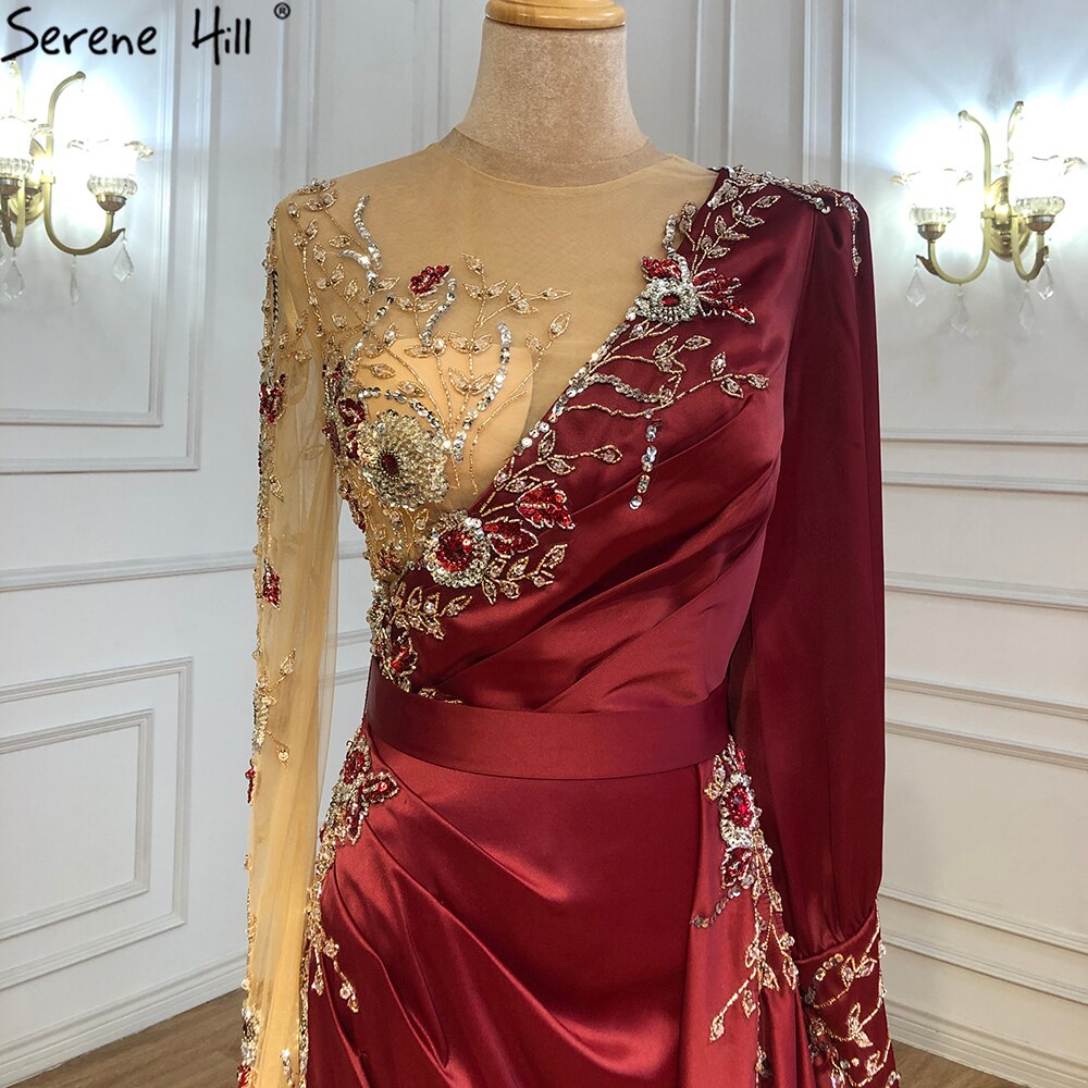 Serene Hill Muslim Wine Red Luxury Mermaid Evening Dresses Gowns 2025 Satin Elegant Beading For Women Party LA70990 - SERENE HILL